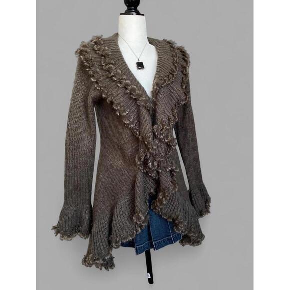 Brown Wool Blend Cardigan with Faux Fur Trim Ruffles! - Picture 2 of 7